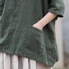 Johnature Women Vintage Ramie Hooded Top Half Sleeve Solid Color Tees Summer Loose Pockets Button Women T-shirts