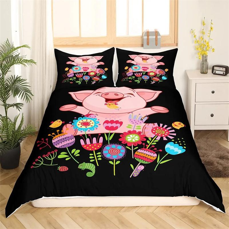 Premium Pink Pig Comforter Cover Cartoon Pig Pattern Bedding Kawaii Animal Sweetheart Floral Print Duvet Cover Children Boys Room Decor
