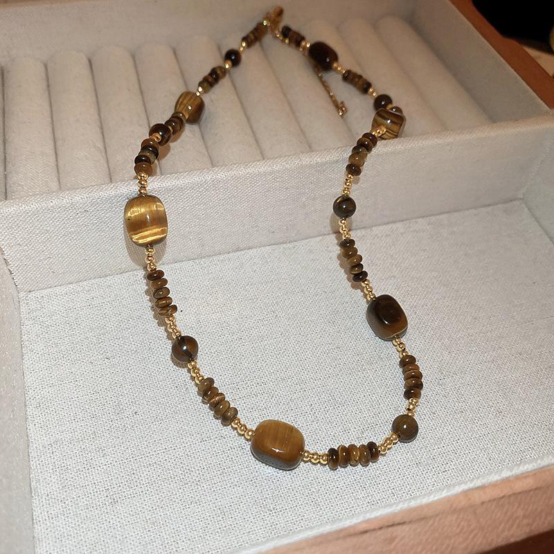 Maillard Multi-layer Tiger's Eye Stone Necklaces for Women Retro Stackable Glass Bead Sweater Neck Chain Charms Jewelry Gifts K1