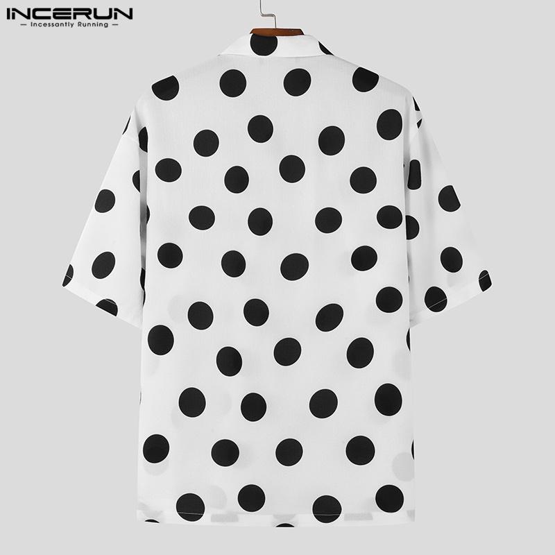INCERUN Мужские рубашки с отложным воротником и коротким рукавом в горошек, повседневные свободные топы