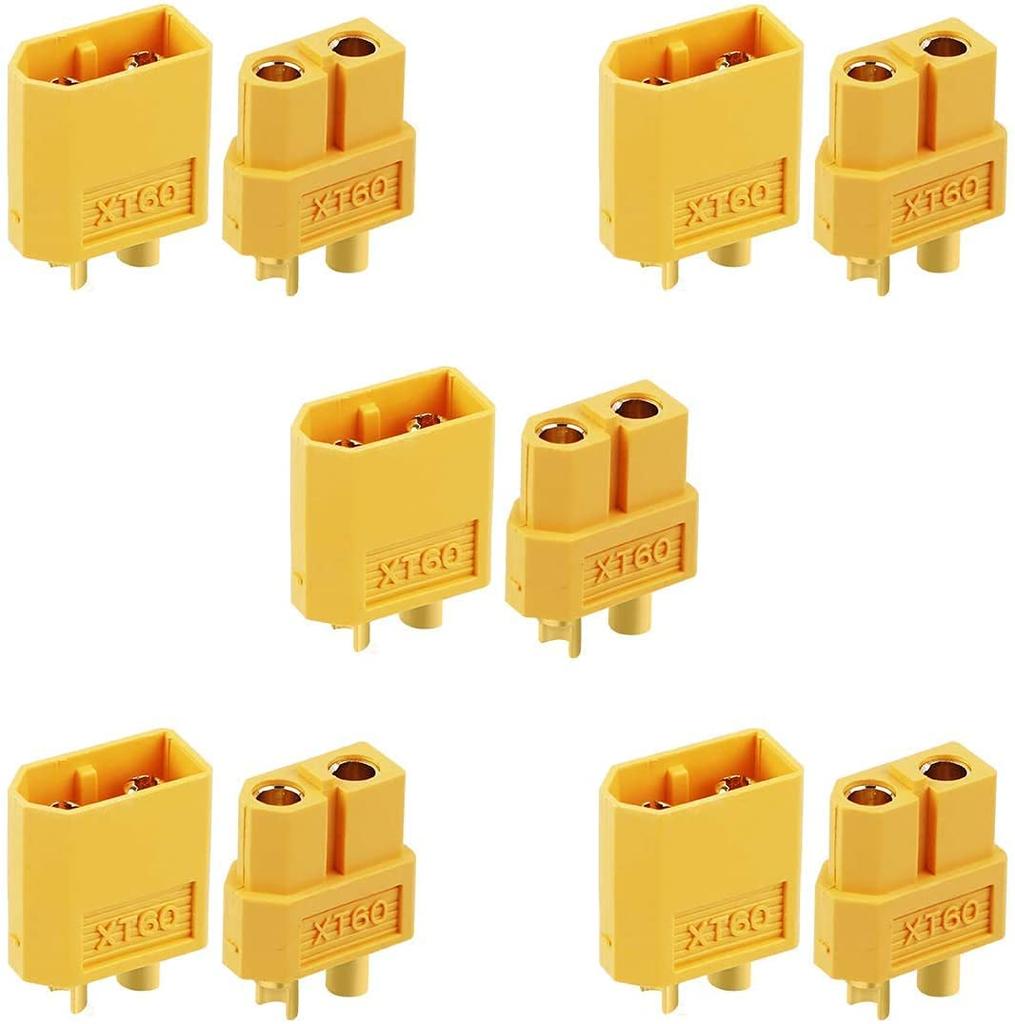 Connectors XT60 Male-Female for RC Lipo Batteries | 5 Pairs | Strong Grip | Compatible with Drones and RC Models | Yellow, Plastic