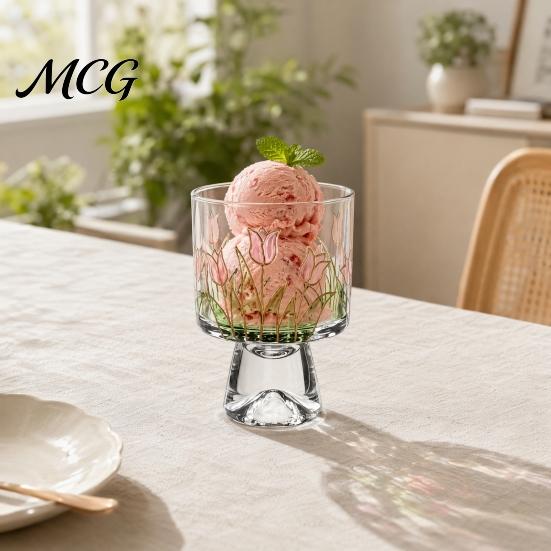 Стеклянная миска-стакан для мороженого, Цветочный узор, На ножке, Маленькая десертная, Для дома и офиса, Стекло для сандей, пудинга, желе, фруктов, закусок, соусов,
