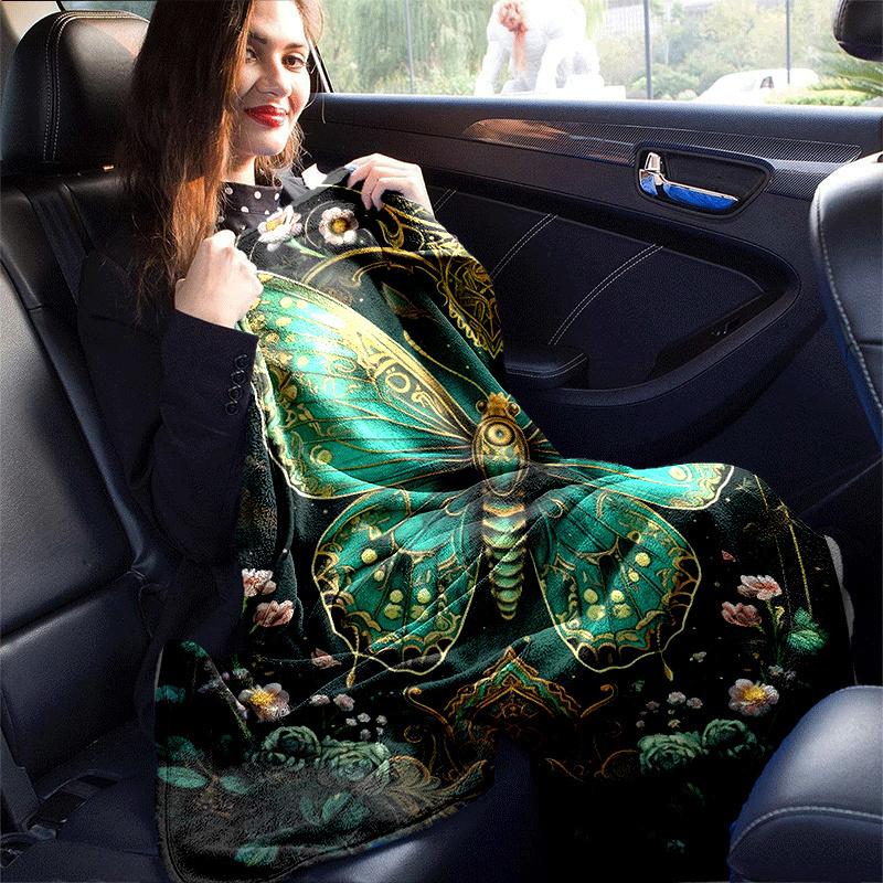 1pc Green Butterfly Printing Lightweight Flannel Blanket, Comfortable and Warm Blanket, for Camping Sofa Bed and Couch Office, Gift