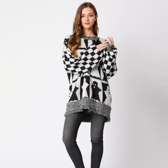 Женский свитер с круглым вырезом и длинным рукавом, эластичный трикотажный топ, свободный крой, узор в клетку, пуловер, топы, трикотаж