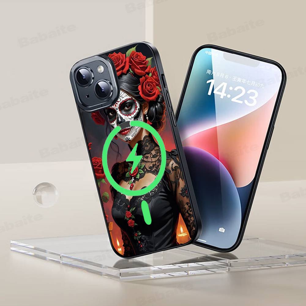 Чехол для телефона Catrina Красивая Девушка Роза Череп Магнитный Чехол Для iPhone 17 16 15 14 13 12 11 Для Magsafe Беспроводная Зарядка Чехол