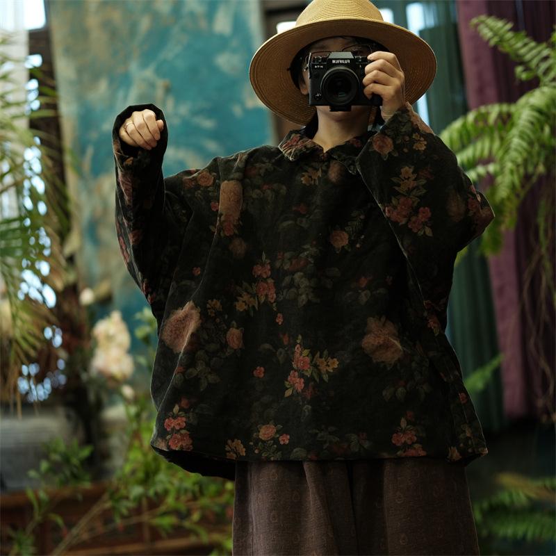 Johnature Women Vintage Print Floral Pullover Parkas Turn-down Collar Long Sleeve Winter Coats Warm Loose Parkas