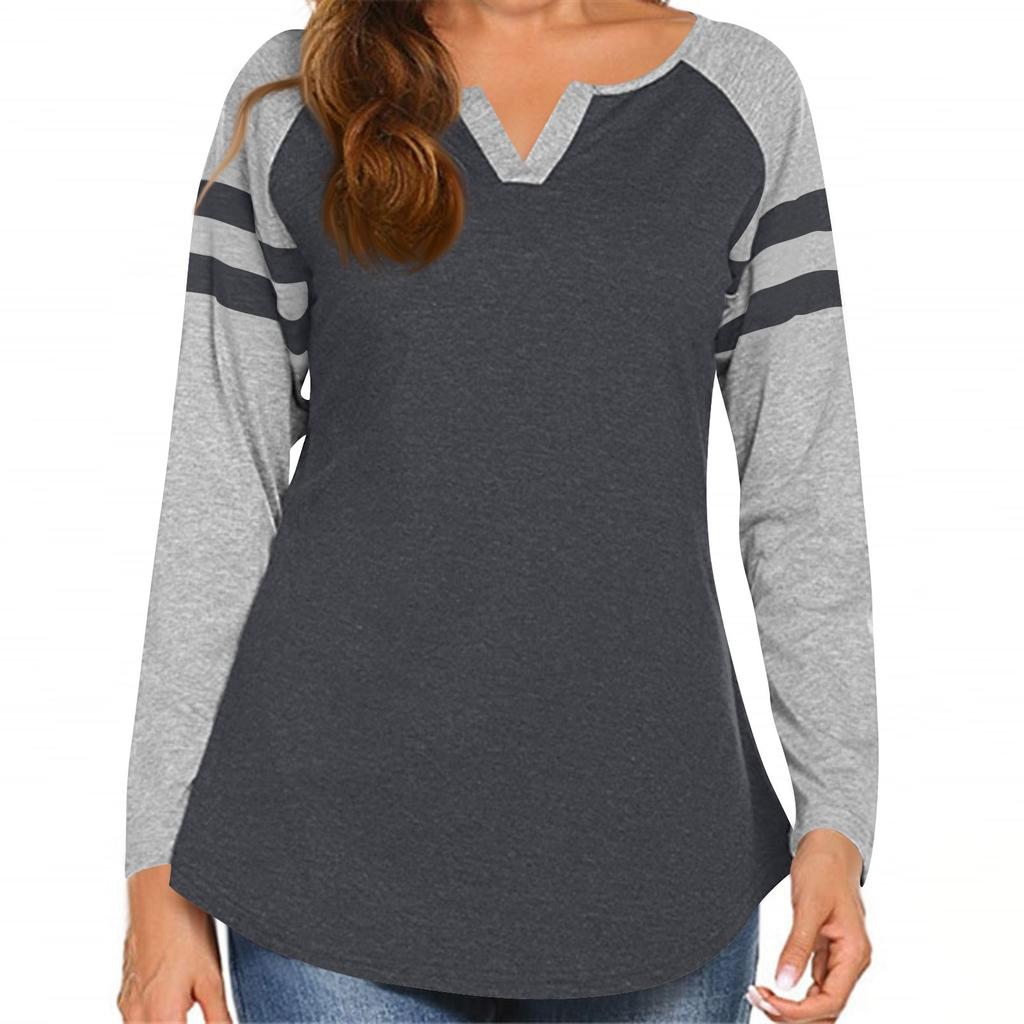 Женская повседневная модная полосатая футболка с длинным рукавом, V-образным вырезом, цветной блок