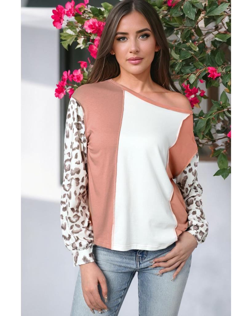 Azura Exchange Apricot Colorblock Leopard Sleeve Patchwork Top