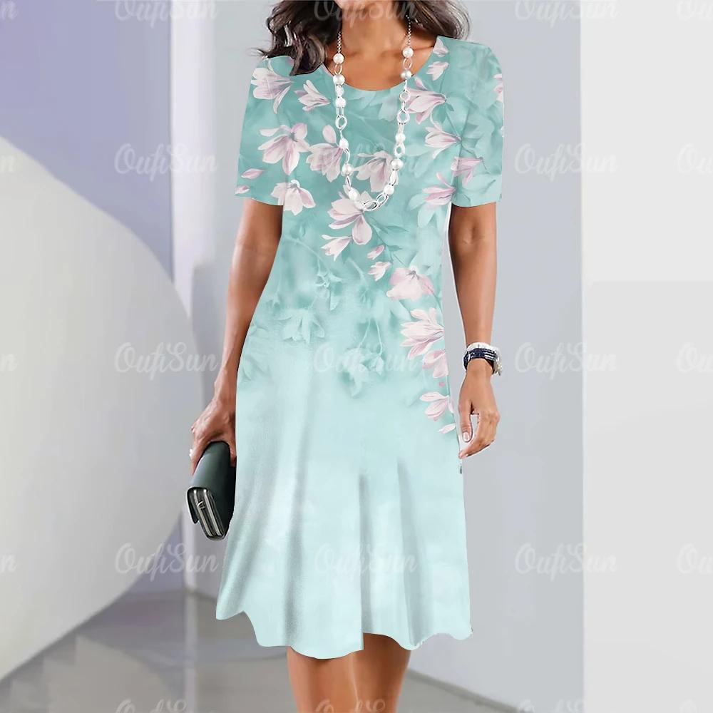 Классическая женская одежда Платья Летние красные наряды Простая женская одежда Цветочный принт Платье Свободная юбка-трапеция с круглым вырезом