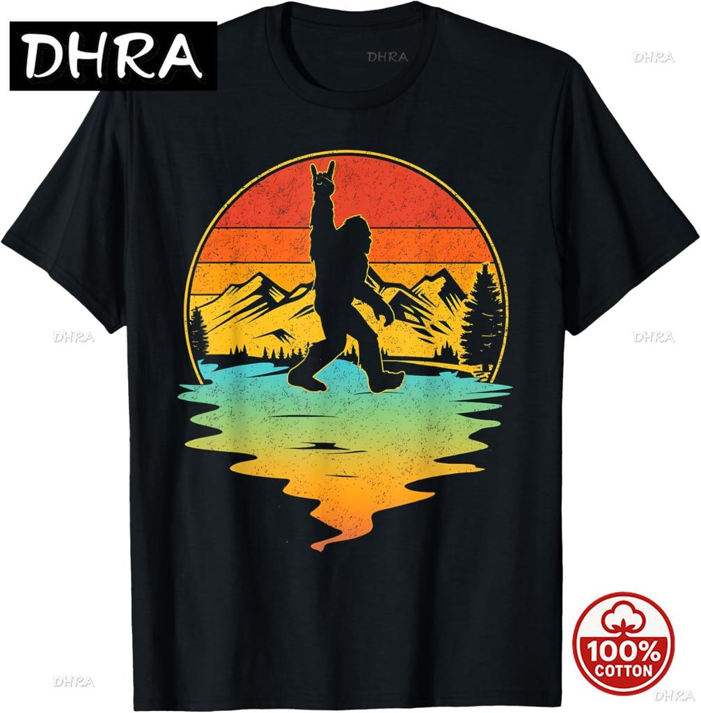 Rock On Bigfoot Sasquatch Loves Rock And Roll Mountain Trees Unisex 2026 Summer Soft Cotton Loose Streetwear Tops Vintage Tshirt