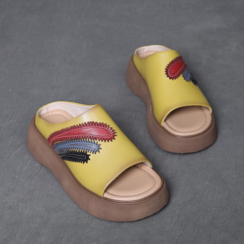 Johnature Тапочки для улицы в стиле ретро с открытым носком и толстой подошвой из натуральной кожи, повседневные женские туфли на танкетке с мягкой подошвой