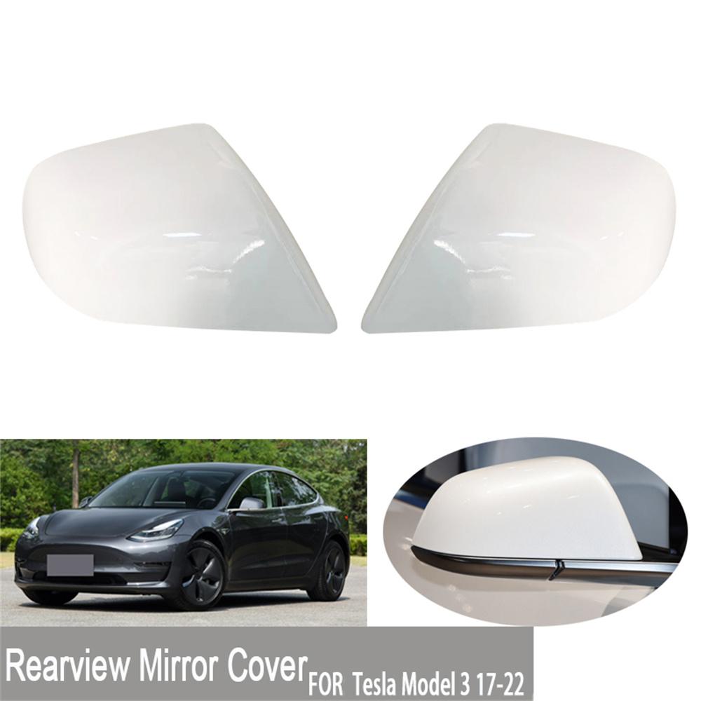 Pearl White Rear View Side Mirror Cover Skull Caps Pair For Tesla Model 3