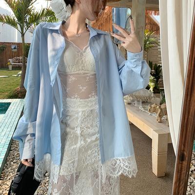 Весенняя кружевная женская блузка рубашка осень harajuku однотонный поло воротник длинный рукав хлопок офис леди повседневные свободные рубашки