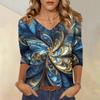 Женские топы, рубашка с рукавом три четверти, свободная повседневная рубашка с V-образным вырезом, футболка с цветочным принтом