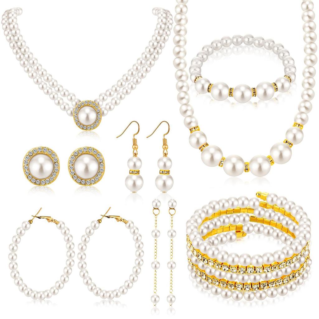 European and American fashion jewelry accessories, retro high-end diamond necklace earrings, French creative pearl necklace set
