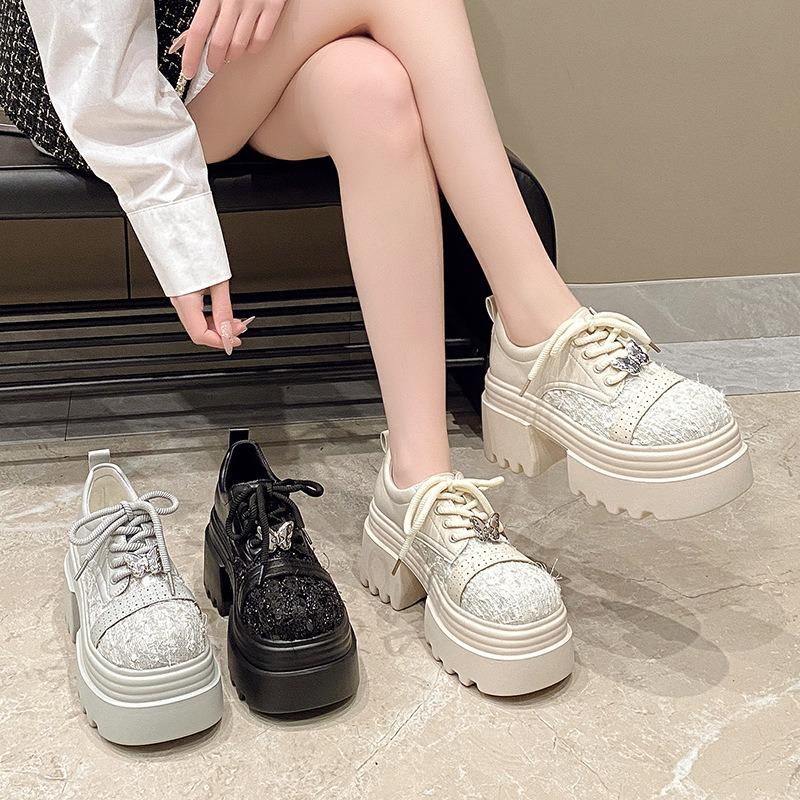 Новая кожаная обувь с пайетками, толстой подошвой и толстым каблуком, на шнуровке, низкие, однотонные, с круглым носком, женская