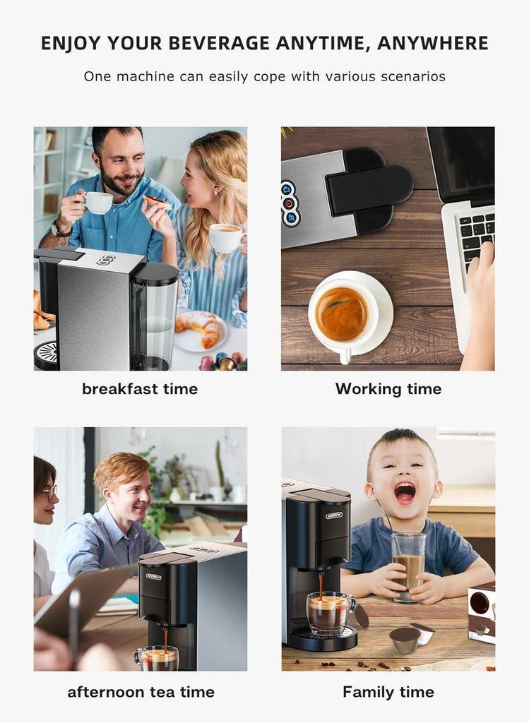 H3A Home 5-in-1 multifunctional capsule espresso machine, compatible with Dolce Gusto, Nespresso, ESE capsules, and coffee powder, stainless steel