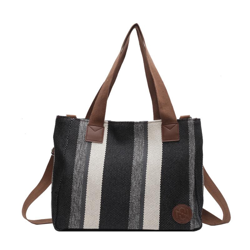 Big Bag Women's 2025 New Fashion Striped Canvas Bag Foreign Style Portable Tote Bag Trendy Shoulder Messenger Bag