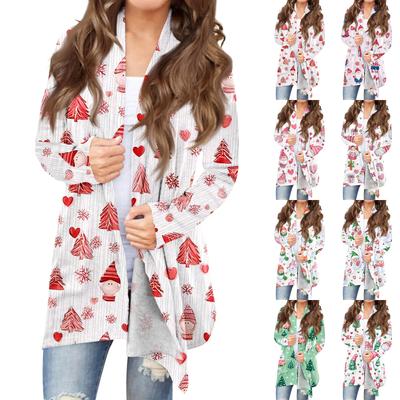 Женский модный кардиган свободного кроя в стиле кэжуал с рождественским принтом, пальто средней длины