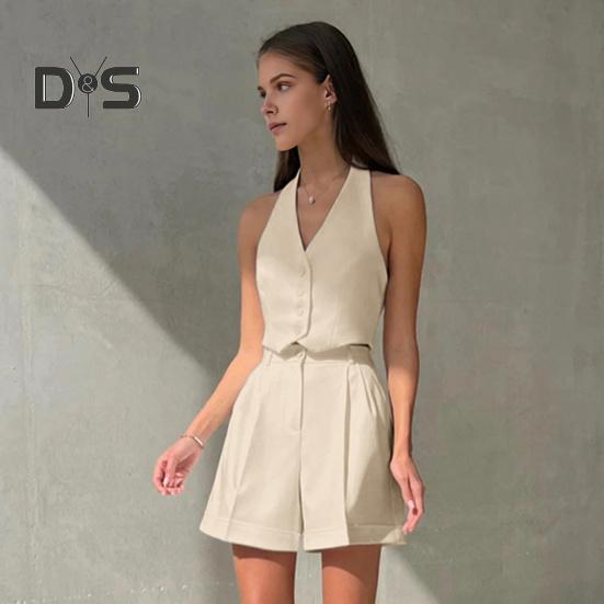 2 Pcs/Set Women Vest Shorts Suit Sleeveless Single-breasted Off Shoulder Halter Neck Button Solid Color Waistcoat High Waist Straight Knee Length