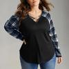 Ladies' Casual And Fashionable Plus Size Checkered Printed Patchwork Long Sleeved V-neck Top