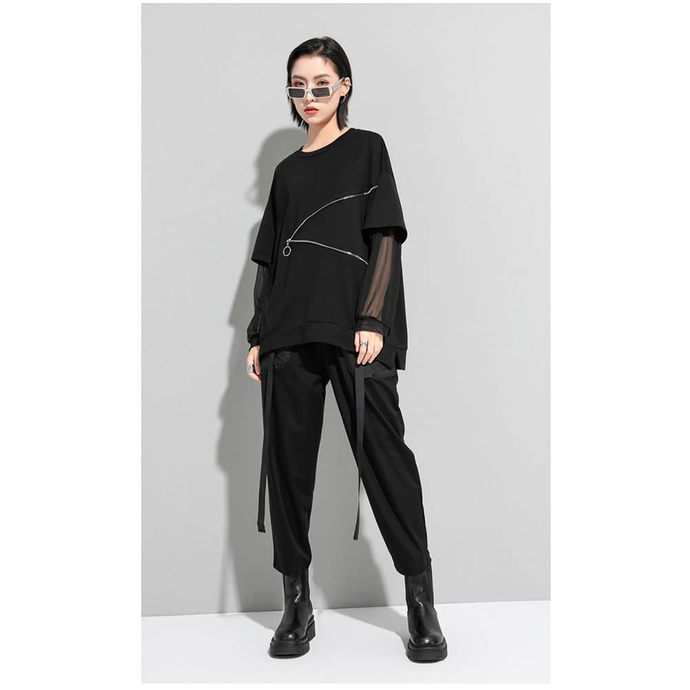 Morino Loose Fit with Tulle Striped Stylish Unique Long Women's T-Shirt Sleeves, Pattern, Streetwear, Style, Black, Spring/Summer (Black - Sleeve)