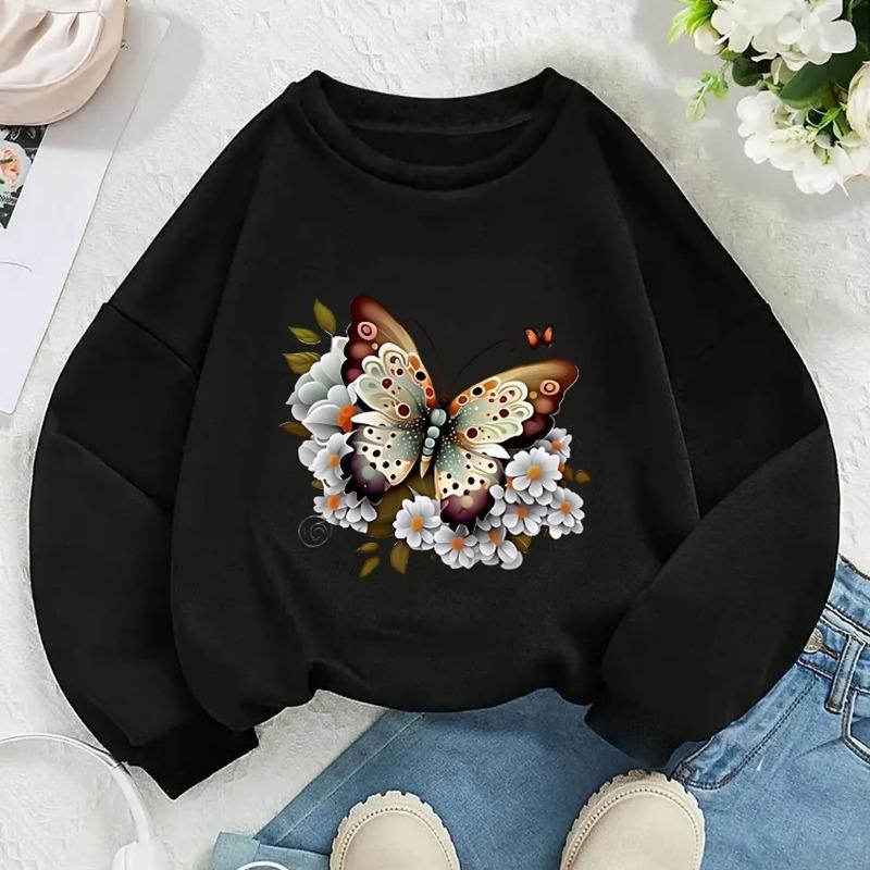 Kids Crewneck Sweatshirt, Floral Butterfly Print,Spring Autumn Casual Sport Tops