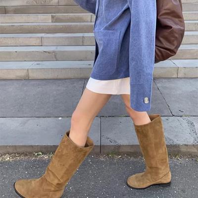 Женские сапоги с широким голенищем, летние тонкие дышащие рыцарские сапоги 2025, сапоги с длинным голенищем в корейском стиле, сапоги на толстом каблуке, свободные бархатные сапоги