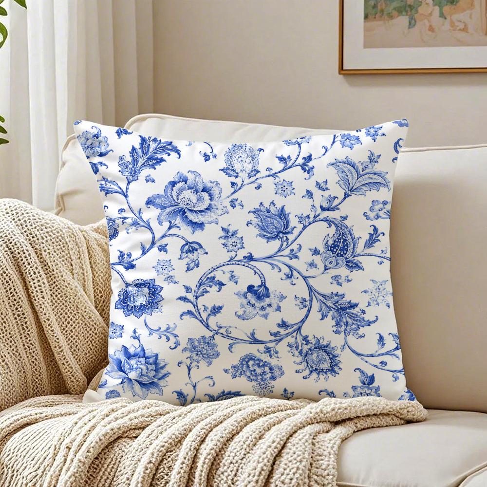 Blue And White Floral Pillow Case Breathable Organic Short Plush Cushion Covers Machine Washable Wrinkle-Resistant Soft Durable