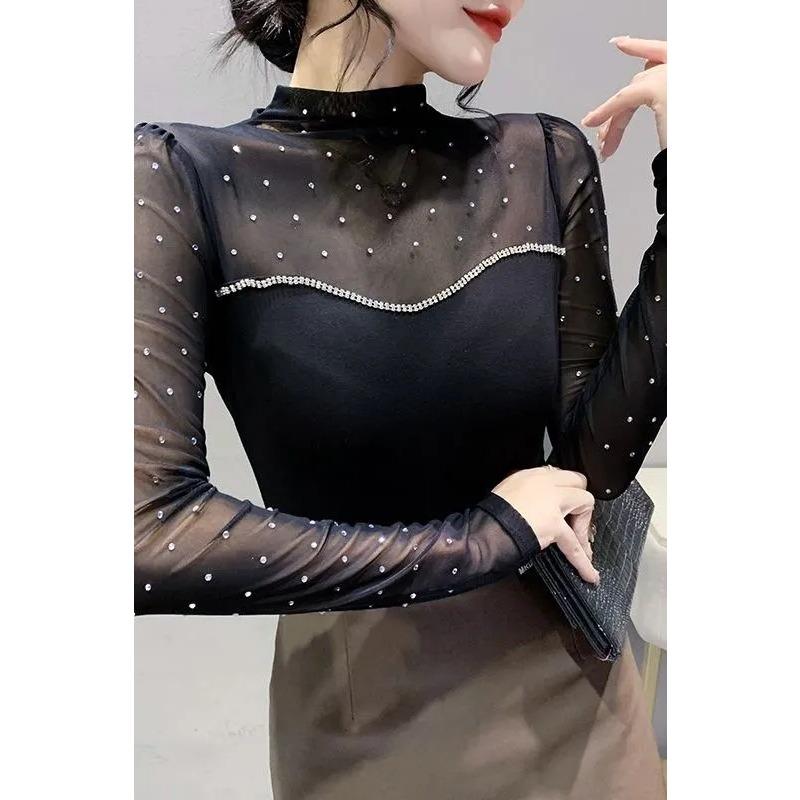 Европейская Осень Новая Мода Для Похудения С Сетчатыми Вставками Горячие Стразы Сексуальная Универсальная Футболка с Длинным Рукавом для Повседневной Носки