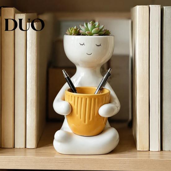 Indoor Window Sill Pot Smiling Face Plant Pot, Double Planting Space Planter, Cute Resin Zen Home Decor Sitting Figure Flowerpot for Succulents,