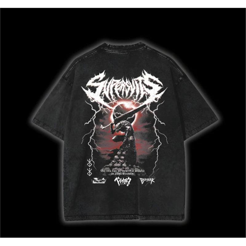 Харадзюку Винтажная Черная Футболка с Аниме Принтом Мужская Уличная Одежда