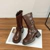 2025 зима новые сапоги-рыцари с длинным голенищем до колена на толстой подошве, сапоги крутые женские сапоги с ремешком с пряжкой, сапоги в стиле ретро, корейская версия