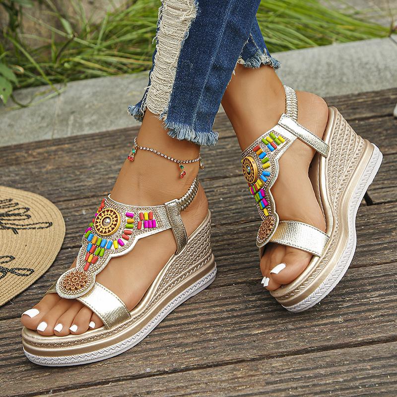 Fashion Bohemian Style Chunky Platform Sandals Women 2025 String Bead Wedges Sandles Woman Plus Size Slip On Gladiator Sandals Female