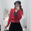 Красный свитер женский весенне-осенний модный новый шикарный жакет женский в гонконгском стиле трендовый вязаный свитер с бантом женский