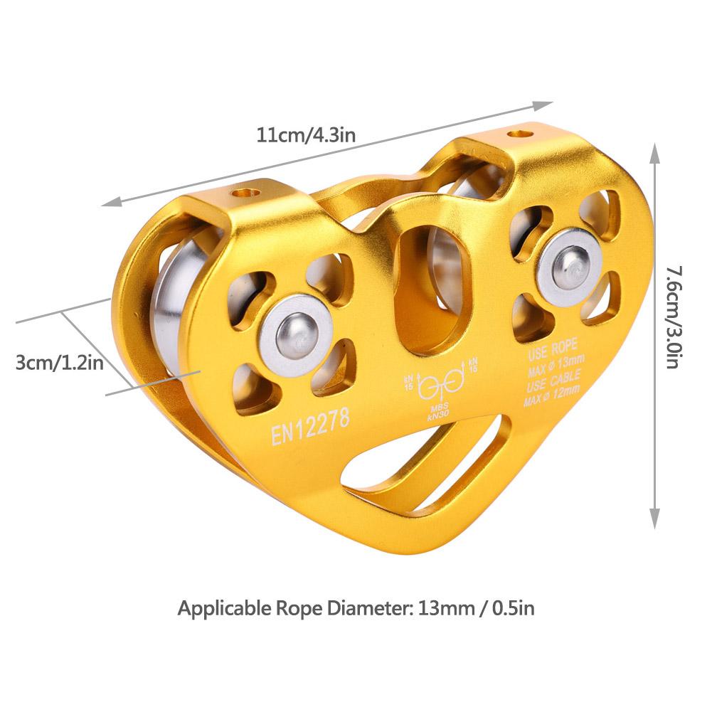 30KN Dual Pulley Zip Line Rescue Cable Trolley Outdoor Rock Climbing Equipment(Gold)