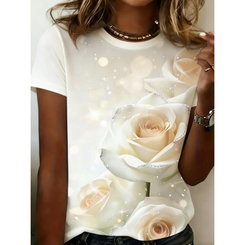 Женская летняя свободная повседневная футболка с цветочным принтом, модная, удобная, мягкая, дышащая, минималистичная, для повседневной носки, с коротким рукавом