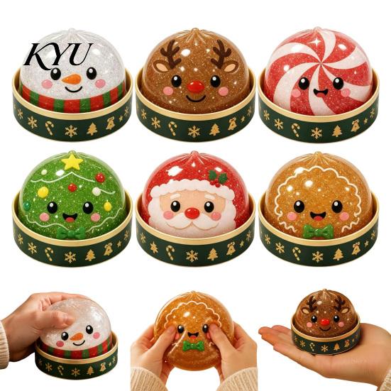 Holiday Desktop Decorations Christmas Bun Squeeze Toy with Steamer, Soft Sensory Fidget Toy, Cute Slow Rebound Fidgets Rising TPR Glitter, Desk Decor