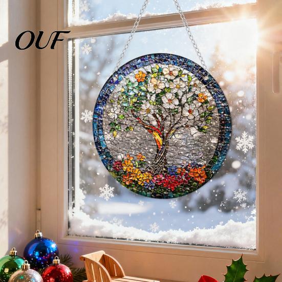 Round Acrylic Window Panel Stained Glass Style Hanging, Tree of Life & Winter Forest Transparent Suncatcher with Metal Chain, Indoor Decoration