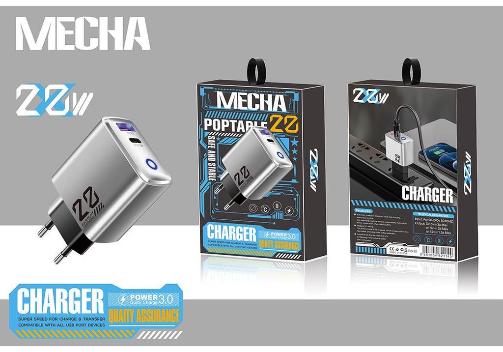 Новое металлическое EU-зарядное устройство Type-C мощностью 20 Вт: Мини USB+PD Быстрая зарядка со светом