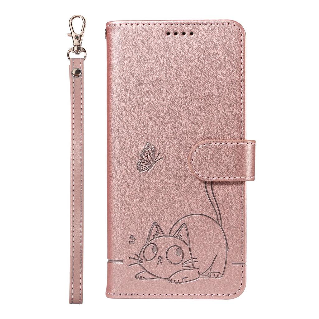 Leather Wallet Flip Case For OPPO Reno 15 Pro Max mini 15F 14 14F 13 13F 12 12F 11 11F 10 Cat and Butterfly Embossed,Wrist Strap