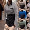 2024 Autumn Men's Striped Long Sleeve Polo Shirt with Turn-down Collar