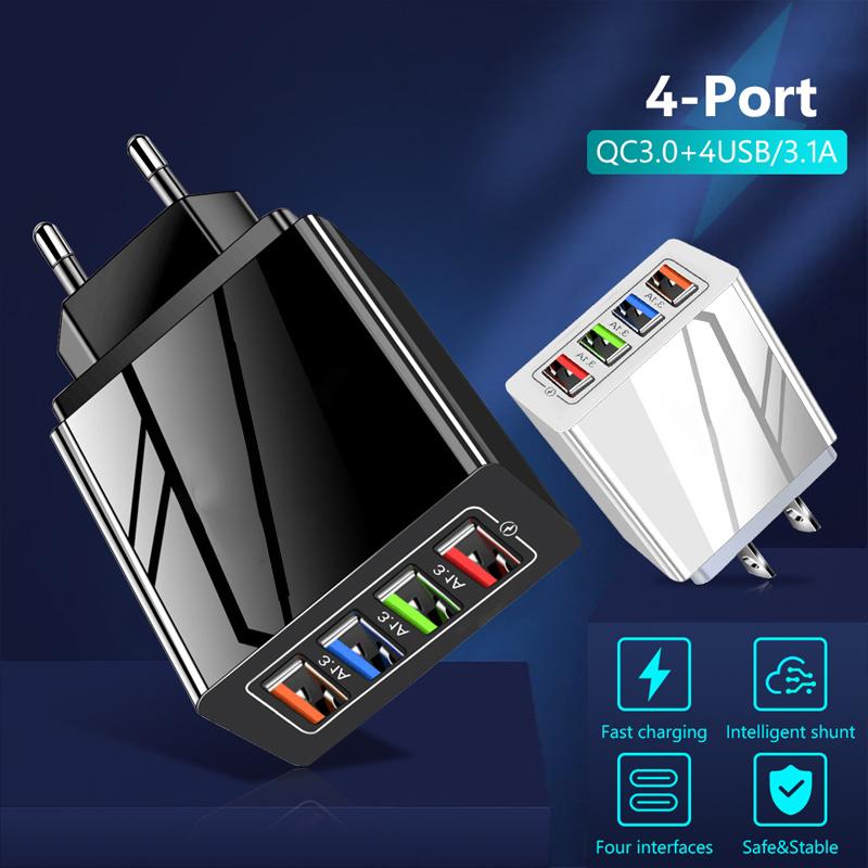 4-портовое USB-зарядное устройство Quick Charge 3.0 Вилка ЕС/США Настенное зарядное устройство для iPhone Samsung Xiaomi OPPO USB Быстрая зарядка Зарядное устройство для телефона
