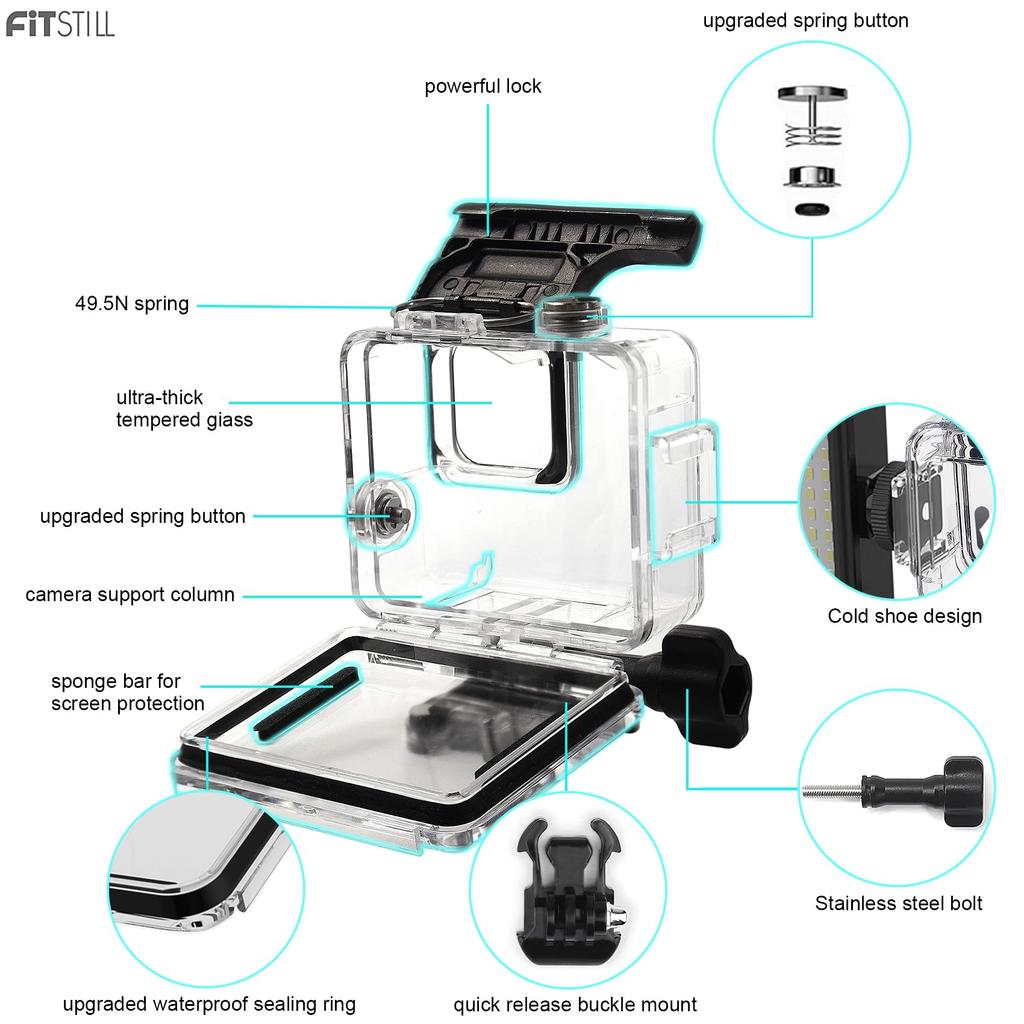 FitStill Underwater Waterproof Diving Housing Compatible with Go Pro Protective Diving Case Shell with Mount Hero 4K Accessory Kit 148ft/45m Hero,