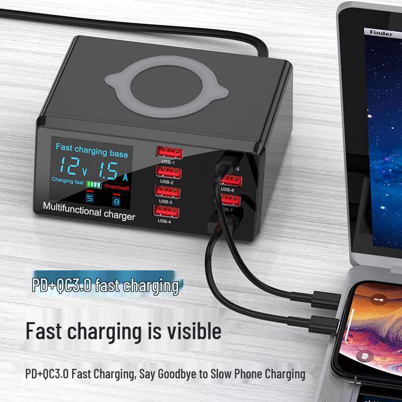 Трансграничное зарядное устройство USB и беспроводное зарядное устройство PD20W с несколькими портами и умным дисплеем, поддерживающее QC3.0