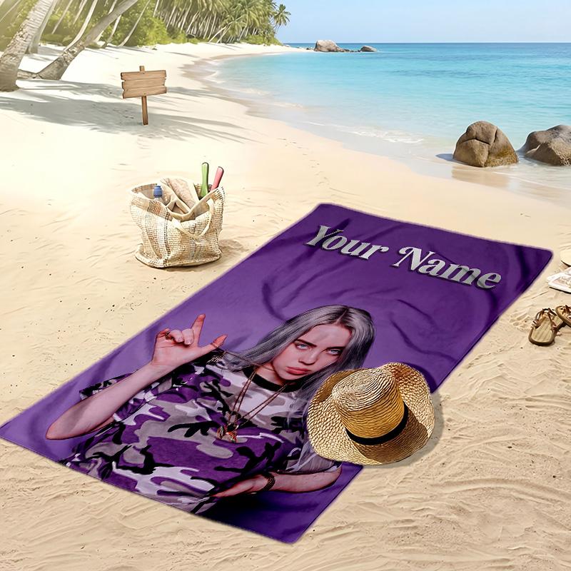Billie Eilish Custom Beach Towel, Print Your Name Text Lightweight Absorbent Towel for Swimming Travel