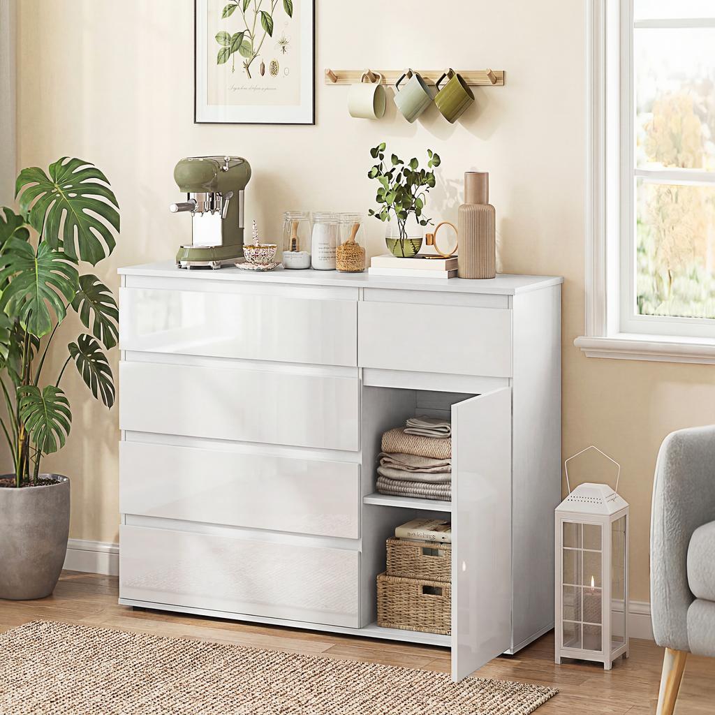 5-Drawer Storage Sideboard, Adjustable Shelf, Soft-Close Door, High-Gloss White
