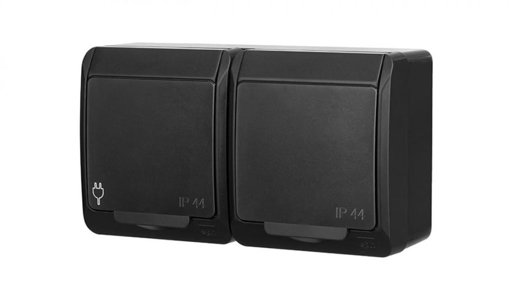 Hermes Hermetic Surface-Mounted Double Socket With Grounding 2X2P+Z Schuko Ip44 Black 0325-09