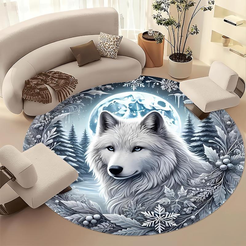 White Wolf Design, Round Carpet, Machine Washable, for Living Room, Bedroom, Entrance, Room Decor, High-Quality Flannel Carpet