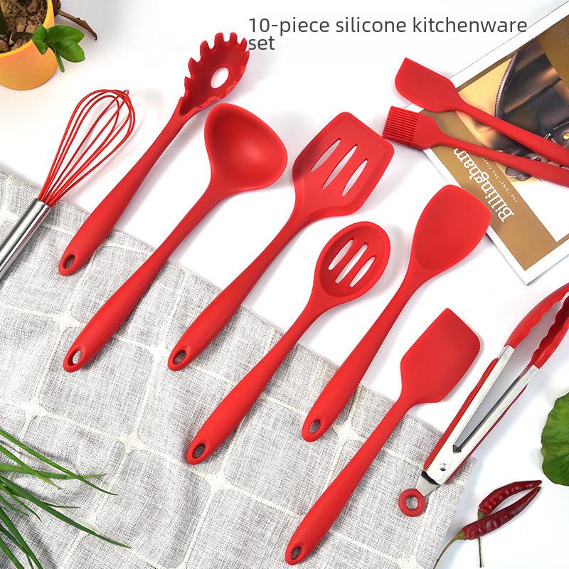 10-Piece Non-Stick Silicone Kitchenware Set: Includes Large Colander, Cooking Spoon, Shovel, Porridge Spoon, and Scraper for Baking.